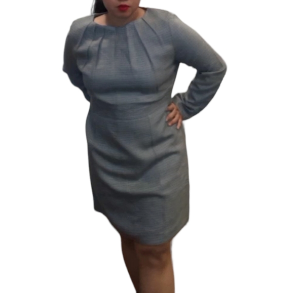 60s-inspired Retro Houndstooth Plaid Grey Long Sleeve Dress Silk/Wool L/XL - Picture 11 of 16